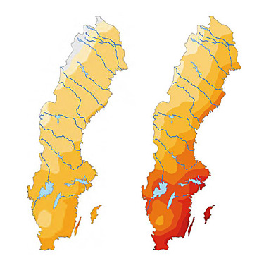 1961-1990 2068-2097 Figur 3. Framtida utveckling av brandrisksäsongens längd perioden 2068-2097. Den blekgula färgen står för 15 28 dagar per år (referensperioden 1961-1990).