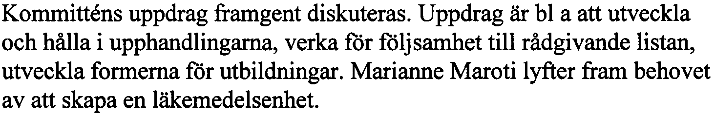 Marianne Maroti lyfter fram behovet av att skapa en läkemedelsenhet. 27 Övrigt Förslagetill omdisponering av budgeten för immunglobuliner från recept till slutenvårdsrekvisition diskuteras.