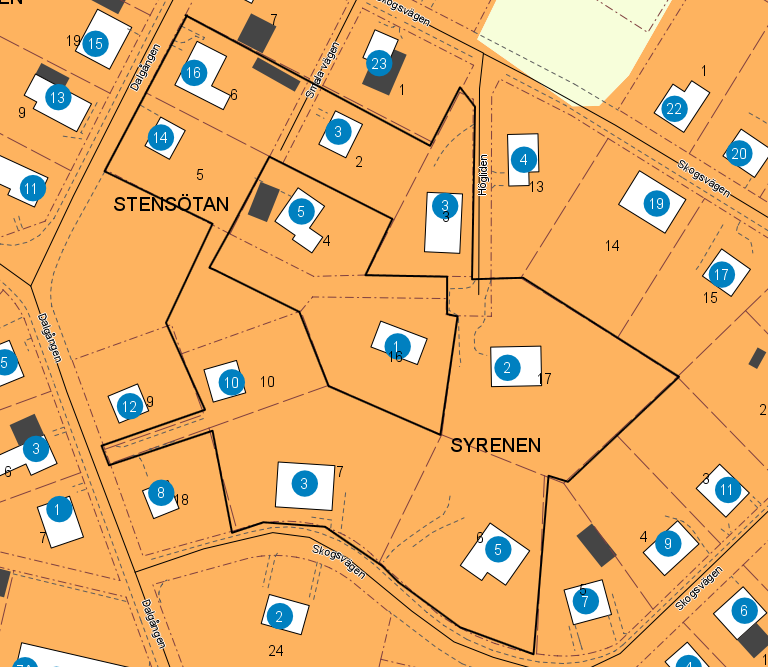 Inre svarta linjen- Planområdet, yttre svarta linjen- de fastigheter där påverkan beskrivs.