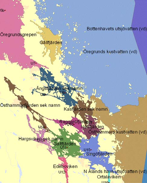 Våmfjärden (ljusblå, som sjö i kartunderlaget!) och Björnöfjärden (ljusrosa) är exempel på områden där data saknas. Fig. 40.