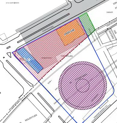 Sida 7 (16) Inom torget finns två byggrätter, dels ett hotell som är under uppförande ägt av SMEBAB dels en mindre kontorsbyggrätt som inrymmer den planerade tunnelbaneuppgången på Hagaplan ägt av