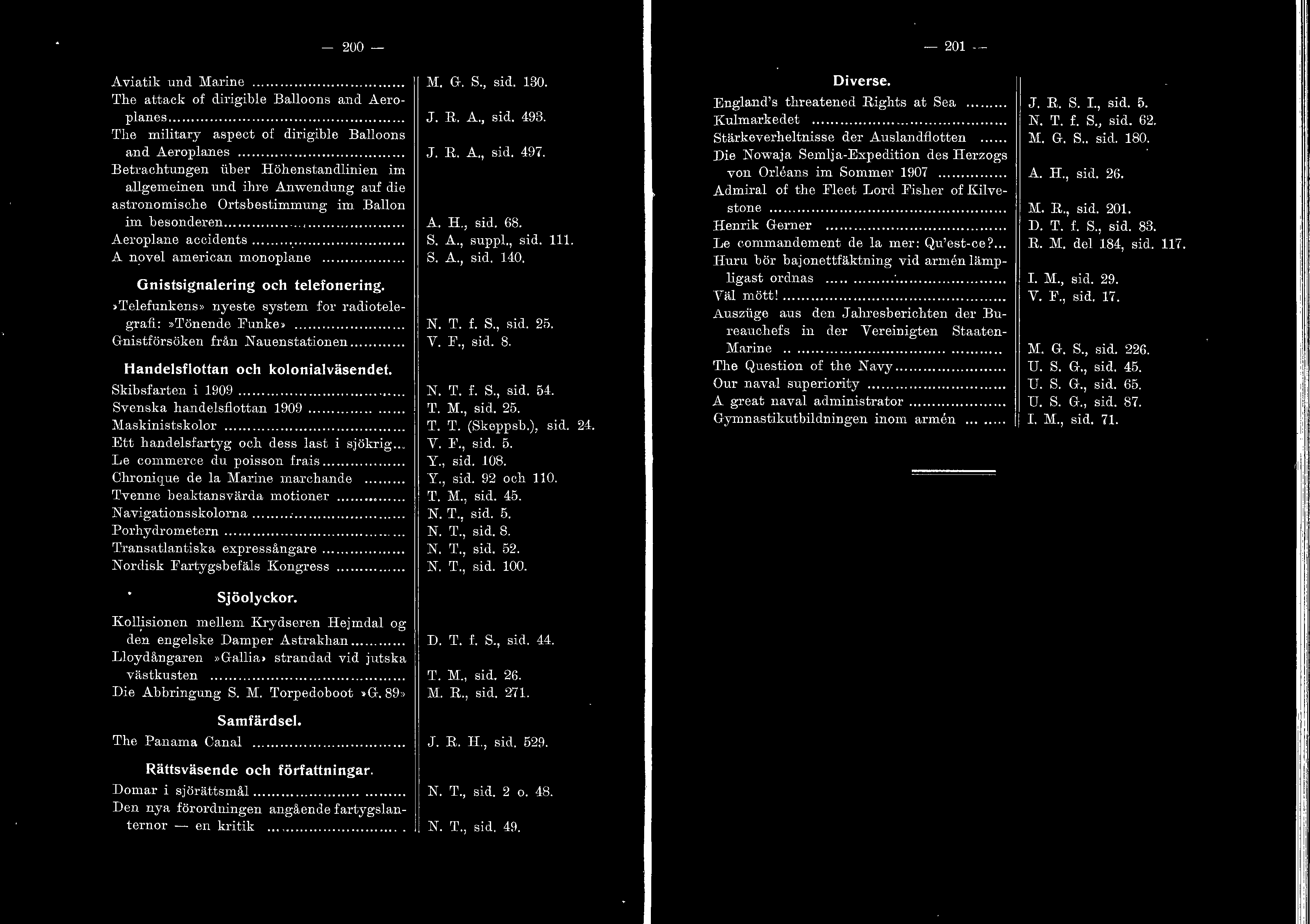 ... Gnistsignaering och teefonering. >Teefunkens >> nyeste system. for radioteegrafi:, Tönende Funke>... Gnistförsöken från N auenstationen... Handesfottan och kooniaväsendet Skibsfarten i 1909.
