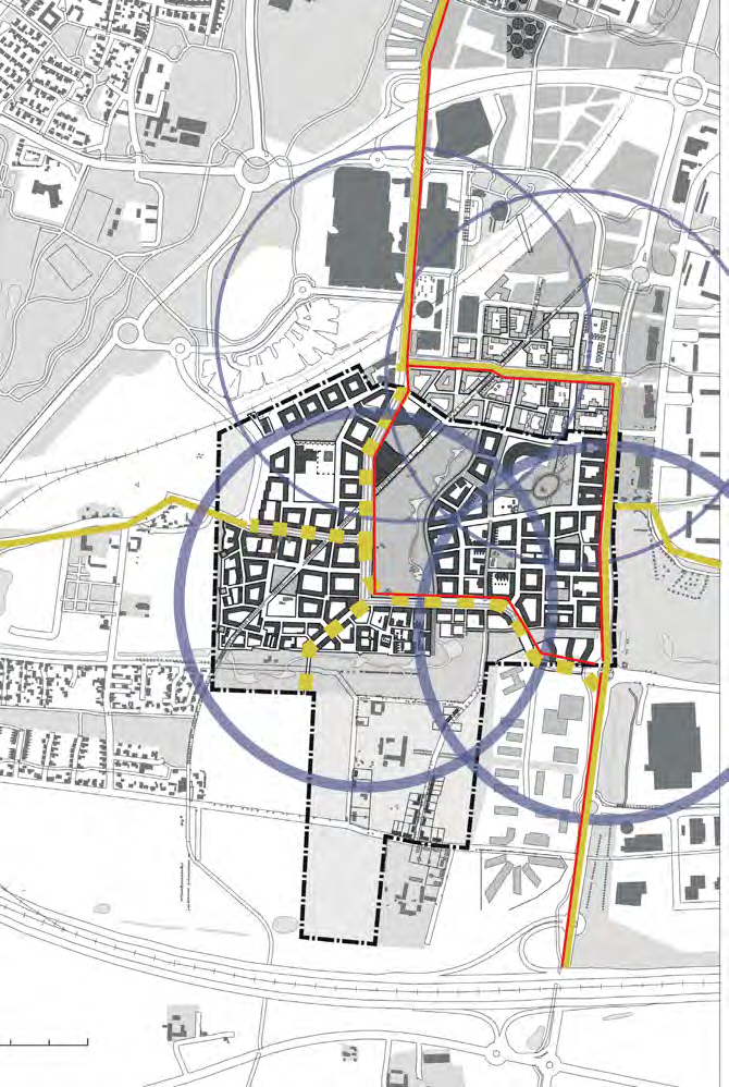 112 23 Lokal kollektivtrafik REFERENS Stomlinjer för kollektivtrafik i Översiktsplan för Malmö. Gula linjer är kollektivtrafikstråk för buss och röda är stråk för spårburen trafik.