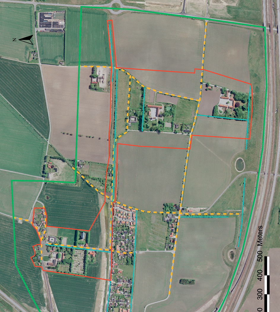 Landskapshistoriskt särskilt bevarandevärda objekt och strukturer samt förslag på skyddsområde för särskilt bevarandevärt område. Röd linje markerar gräns för skyddsområde.