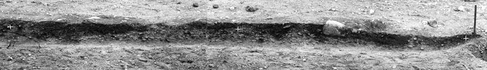 Fig. 5. Skeppssättning med profiler och jordfyllda nergrävningarna efter stenar är markerade med x. Fig. 6.