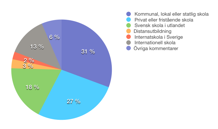 Fråga 5: Hur ser ditt/dina barns skolgång ut? Här kunde respondenterna välja ett eller flera val. Under det sista alternativet Annat kunde respondenterna ange egna svar.