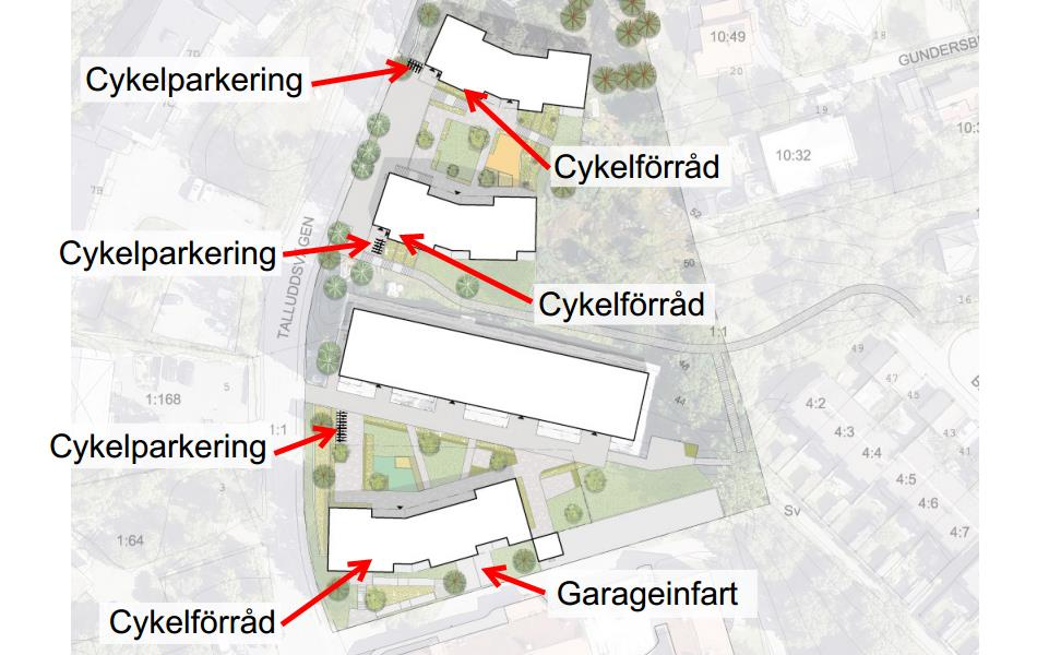 Dessutom tillgängliggörs skogspartier nordost om den befintliga bebyggelsen och grönytan norr om det befintliga flerfamiljshuset omvandlas till en ny publik lekplats.