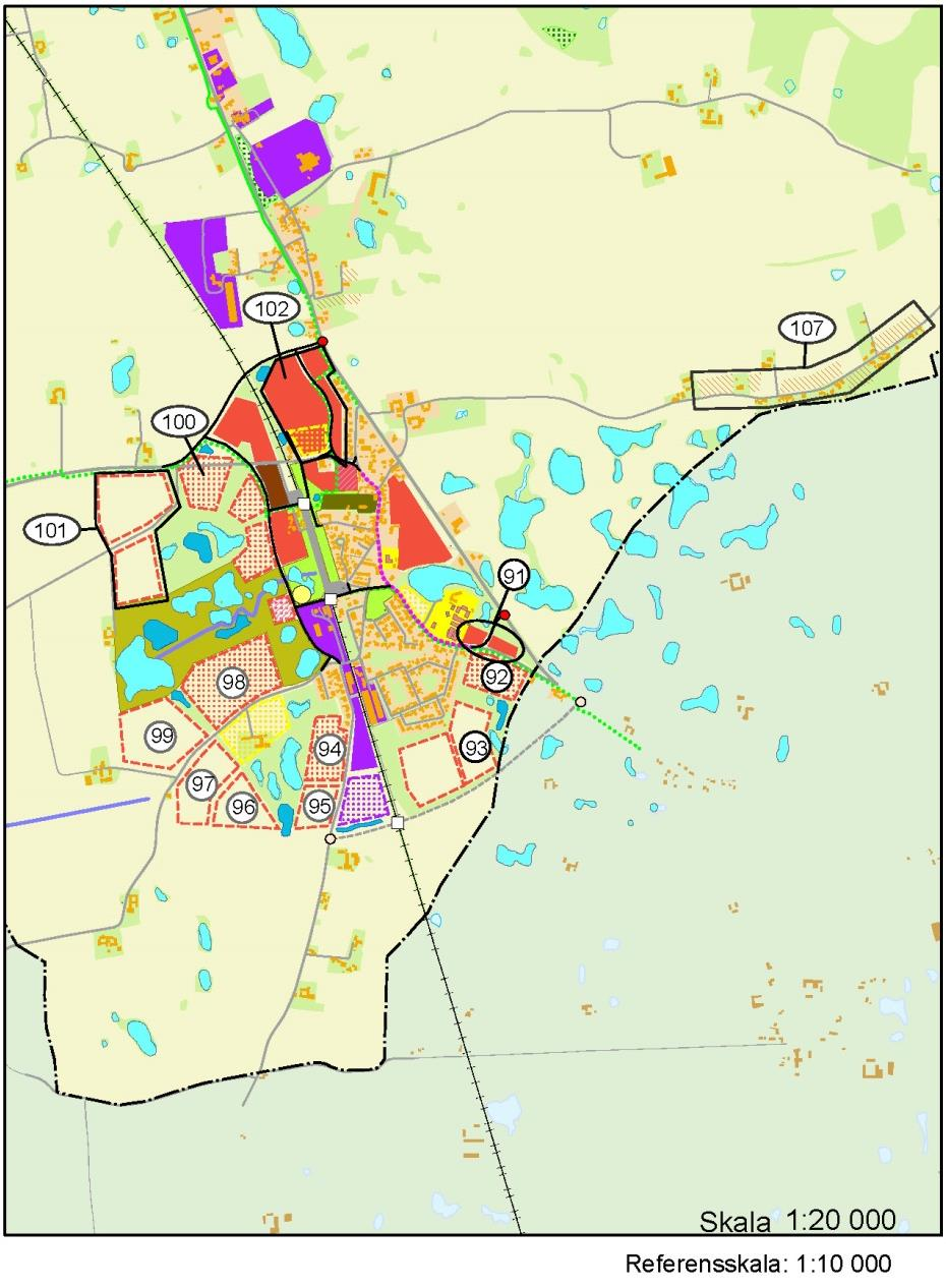 2015-10-30 182 (196) 7.8.3 Översiktsplan Ur ÖP 2010. Skede 1 (fyllda rutor) innebär 0-20 år, skede 2 (prickade rutor) innebär 10-30 år, skede 3 (tomma rutor) innebär 20-40 år.