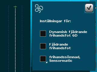 Aktivera stygnbreddsbegränsning i inställningsmenyn, se sida 3:4 Sänk matartänderna, se sida 2:9. Tryck på ikonen för frihandsalternativ och välj något av de tre alternativen. Obs!