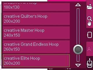 Välj brodérbåge Tryck på ikonen välj båge för att välja rätt bågstorlek. En sidoruta öppnas för att välja olika köpa hos din auktoriserade PFAFF -återförsäljare. brodérbågar.