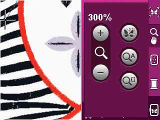 Zoomalternativ/panorera Tryck på ikonen zoomalternativ/panorera för att öppna en sidoruta med zoomningsalternativ. Använd + och - ikonerna för att zooma in och ut i brodérfältet.