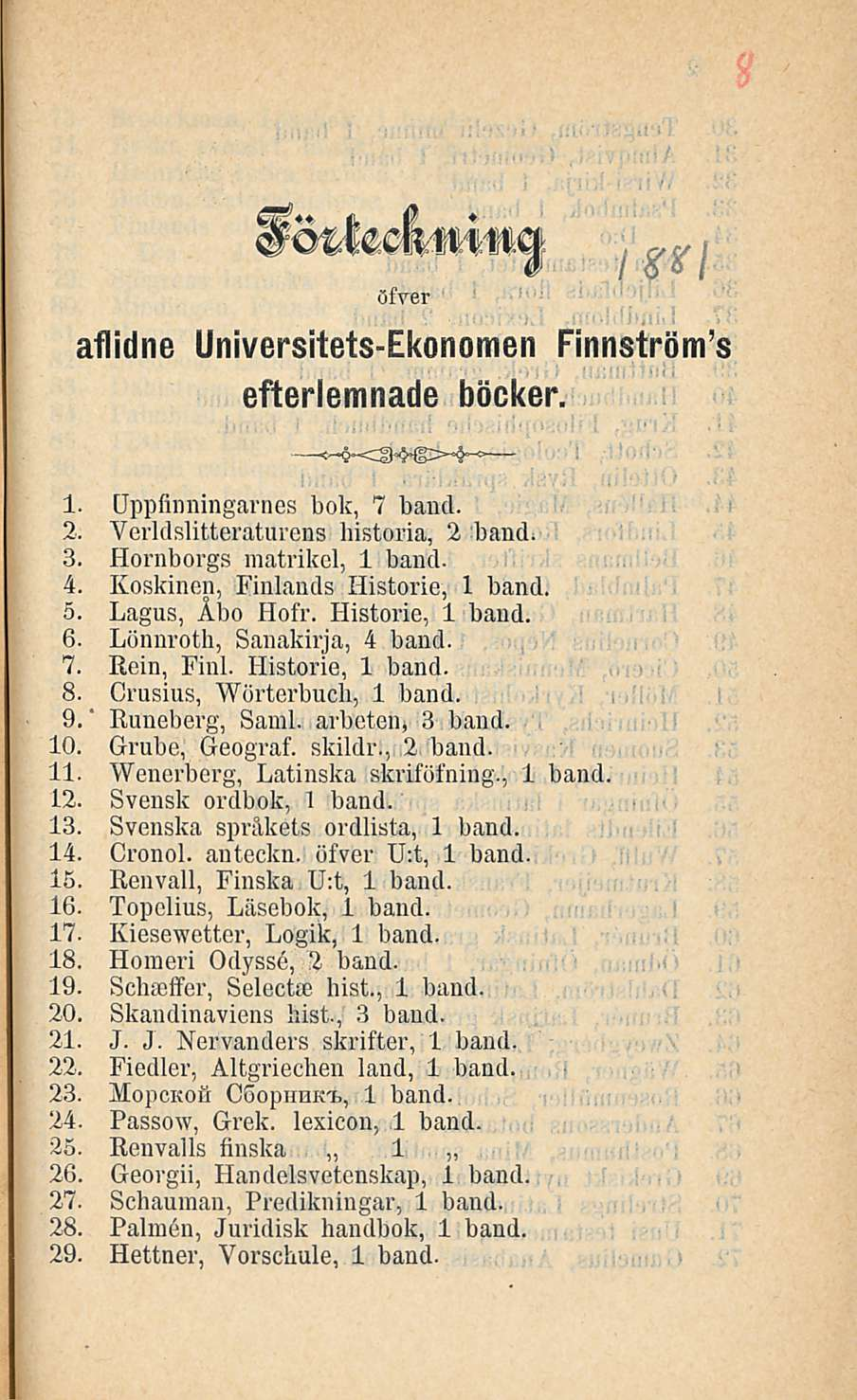 so%uamimm öfver aflidne Universitets-Ekonomen Finnström's efterlemnade böcker. 1. Qppfinningarnes bok, 7 band. 2. Verldslitteraturens bistoria, 2 band. 3. Hornborgs matrikel, 1 band. 4.