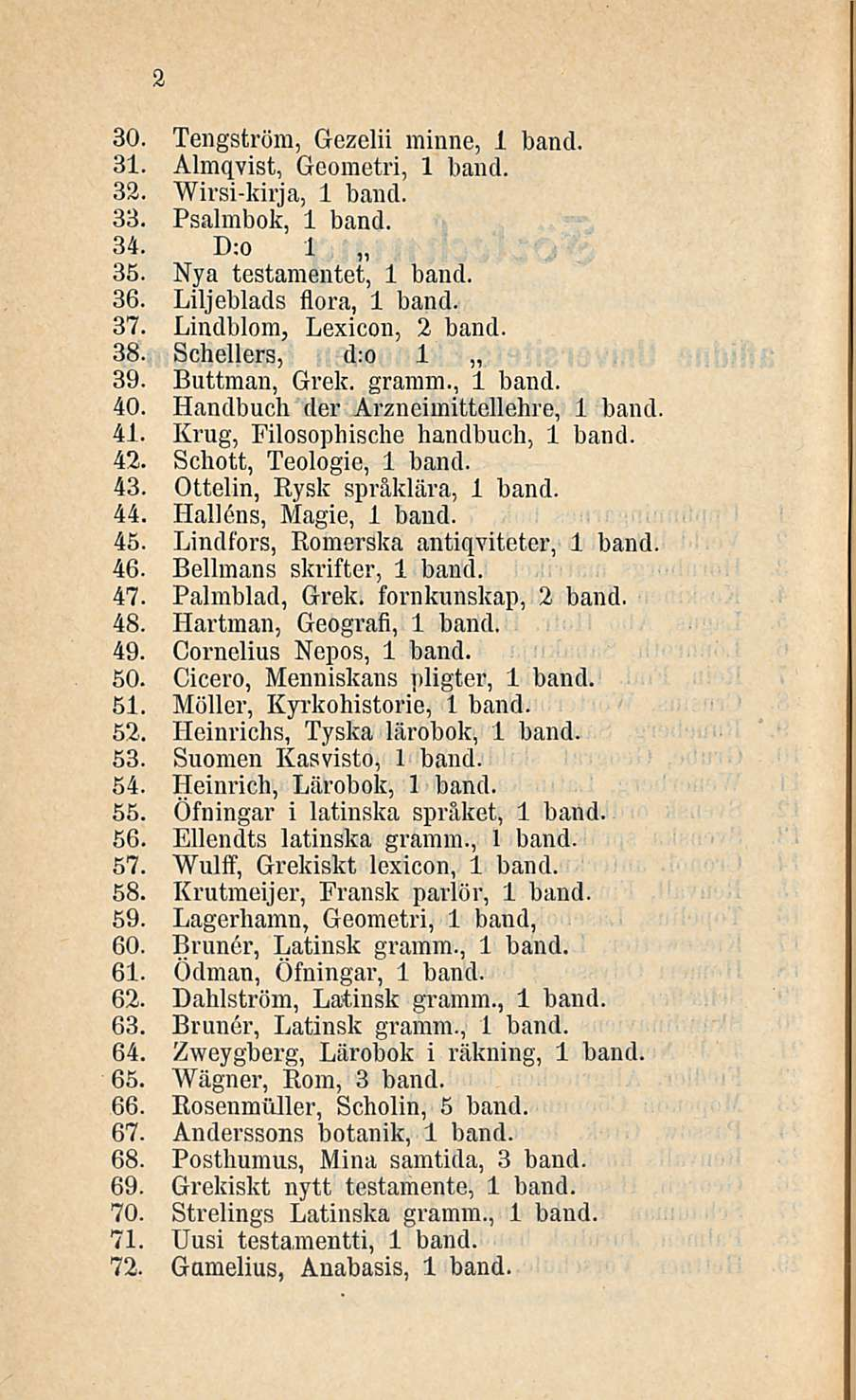 30. Tengström, Gezelii minne, 1 band. 31. Almqvist, Geometri, 1 band. 32. Wirsi-Mrja, 1 band. 33. Psalmbok, 1 band. 34. D:o 1 35. Nya testamentet, 1 band. 36. Liljeblads flora, 1 band. 37.