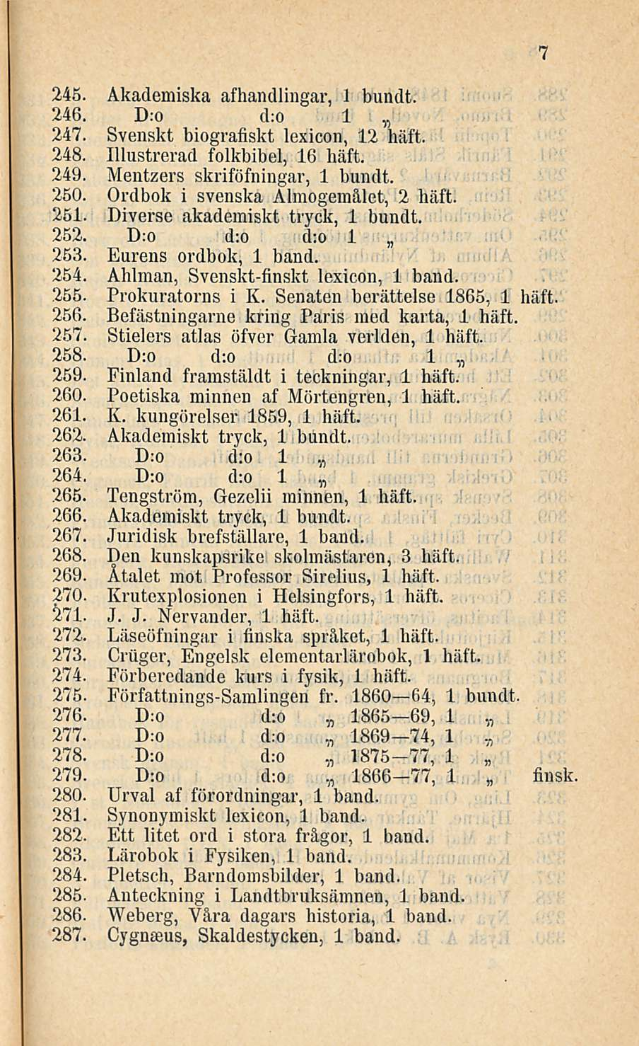 245. Akademiska afhandlingar, J bundt. 246. D:o d:0 1 247. Svenskt biografiskt lexicon, 12 häft. 248. Illustrerad folkbibel, 16 häft. 249. Mentzers skriföfningär, 1 bundt. 250.