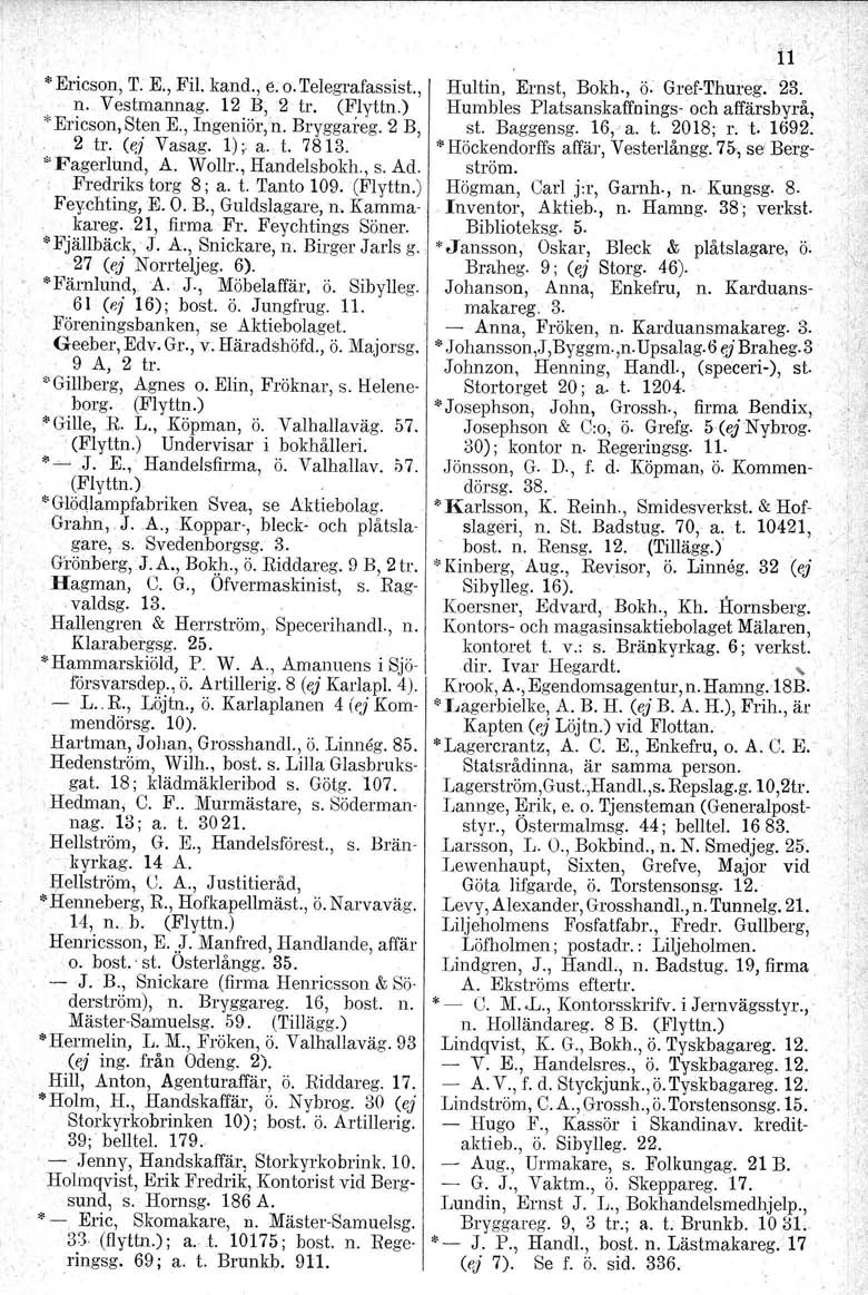 *Ericson, T. E., Fil. kand., e. o. Telegrafassist., n. Vestmannag. 12 B,2 tro (Flyttn.) * Ericson, Sten E., Ingeniör,n. Bryggareg. 2 B, 2 tro (e;j Vasag, 1); a. t. 7813. "F'agcrlund, A. Wollr.