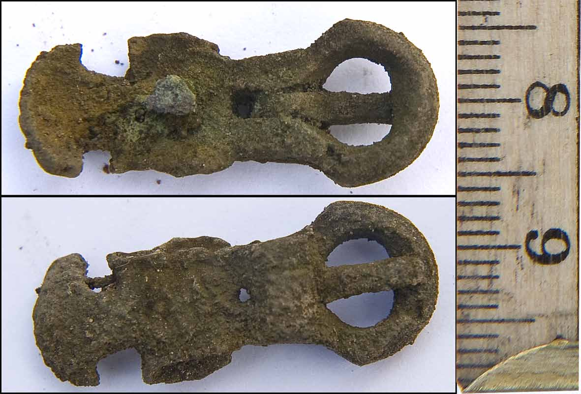 Bildstensfragment Det lilla spännet i brons ca 10x30 mm. Hoppas att jag får tillfälle att fotografera det när konservatorn gjort sitt.