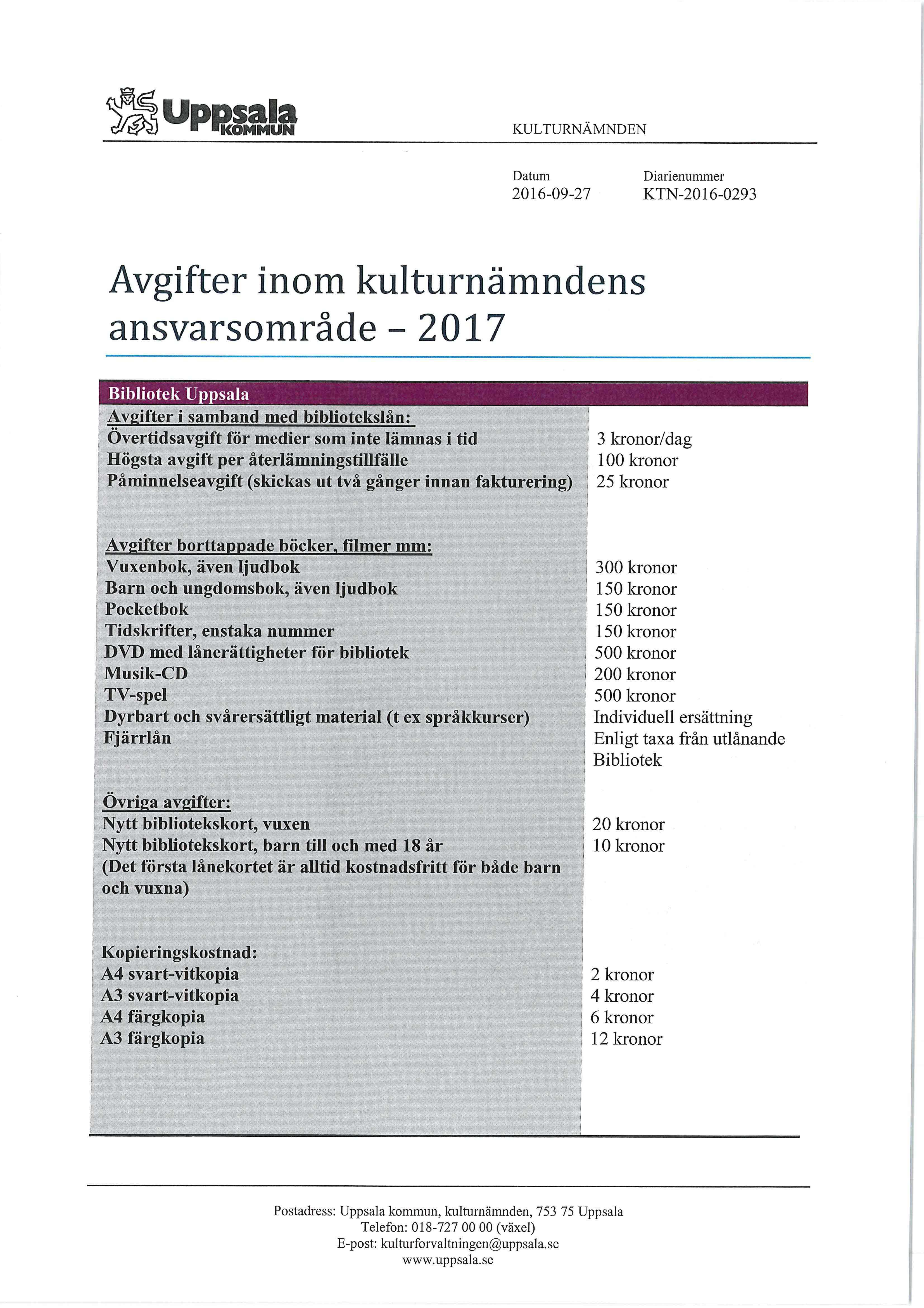 Uppsala 4/ KULTURNÄMNDEN Datum Diarienummer 2016-09-27 KTN-2016-0293 Avgifter inom kulturnämndens ansvarsområde - 2017 Bibliotek Uppsala Avgifter i samband med bibliotekslån: Övertidsavgift för