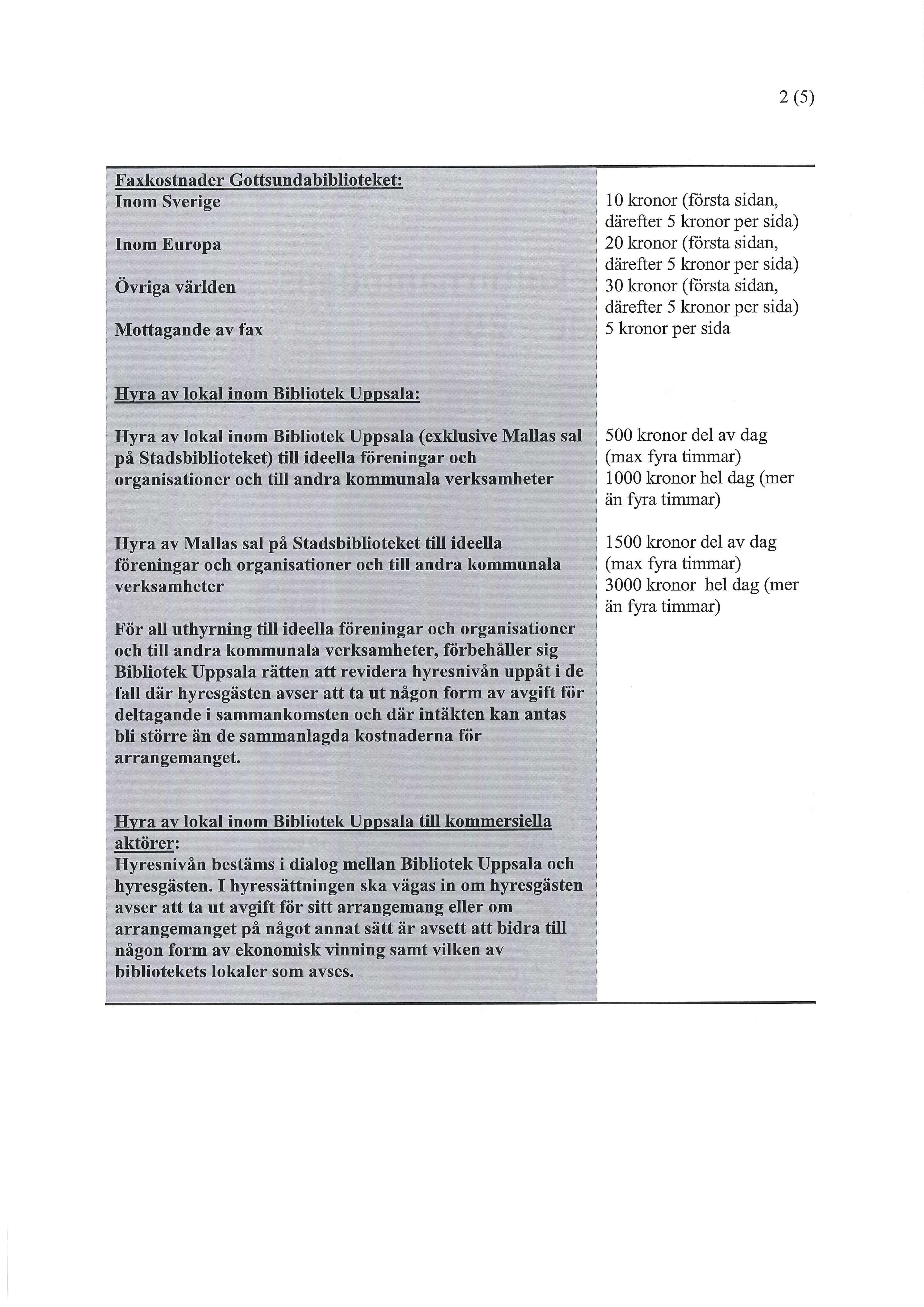 2 (5) Faxkostnader Gottsundabiblioteket: Inom Sverige Inom Europa Övriga världen Mottagande av fax 10 kronor (första sidan, därefter 5 kronor per sida) 20 kronor (första sidan, därefter 5 kronor per