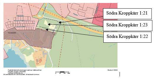 Begärt planområde av sökande (de rosamarkerade fastigheterna). Gällande planer För de aktuella fastigheterna är det bara Södra Kroppkärr 1:22 som delvis ligger inom planlagt område, se bild nedan.