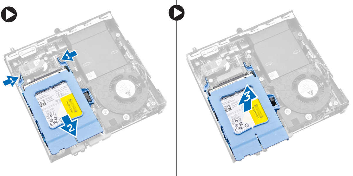 5. Följ procedurerna i När du har arbetat inuti datorn. Ta bort hårddisken 1. Följ anvisningarna i Innan du arbetar inuti datorn. 2. Ta bort kåpan. 3.