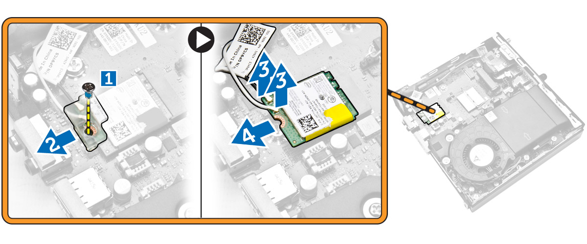 Installera WLAN kortet 1. Rikta in och sätt WLAN-kortet på plats på kontakten. 2. Anslut WLAN-kablarna. 3. Sätt WLAN-fästet på plats i facket. 4.