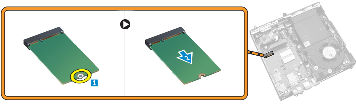 Ta bort M.2 SSD- eller DDPE-kortet 1. Följ anvisningarna i Innan du arbetar inuti datorn. 2. Ta bort: a. kåpan b. hårddisken 3.