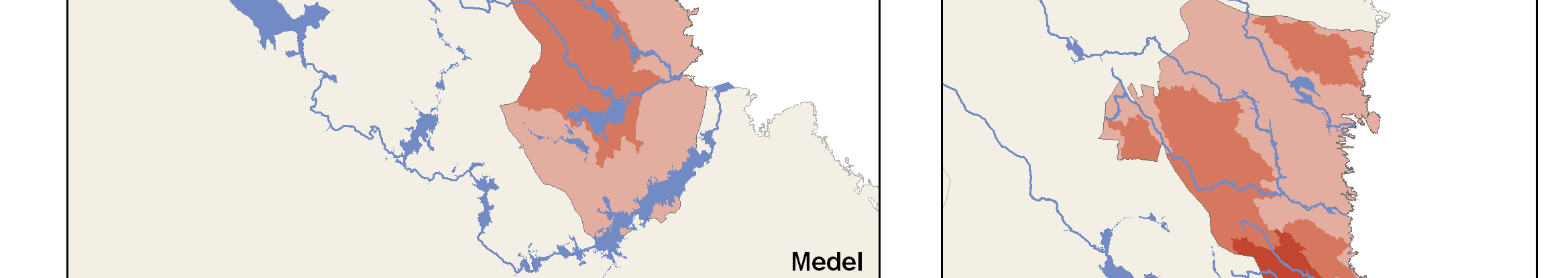 avrinningsområden medan de mindre visar 25 %-percentilen respektive 75 %-percentilen av 100-årsflödena i länets