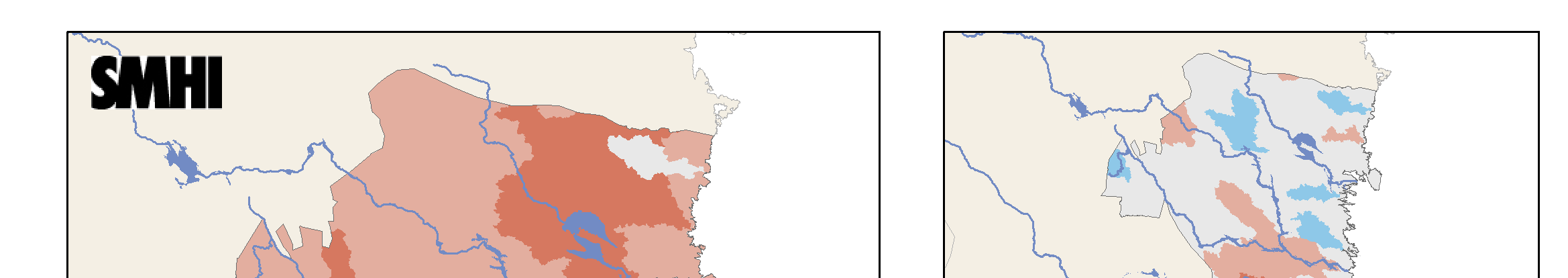 Figur 5-16. Beräknad förändring (%) av flöden med återkomsttid 100 år i Gävleborgs län år 2098 jämfört med referensperioden 1963-1992.