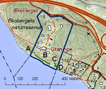 Utredningsområdet med de fyra lämningarna inritade med grönt. Lämningar som inte ska registreras i FMIS/Fornsök.