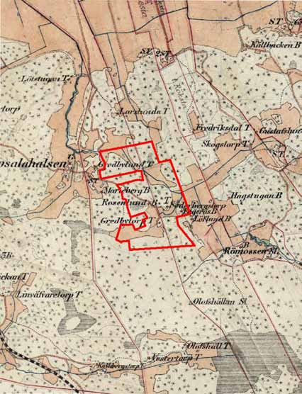 Figur 4. Häradskartan med UO (enligt undersökningsplan) (röd markering) (Akt: J112-74-17).