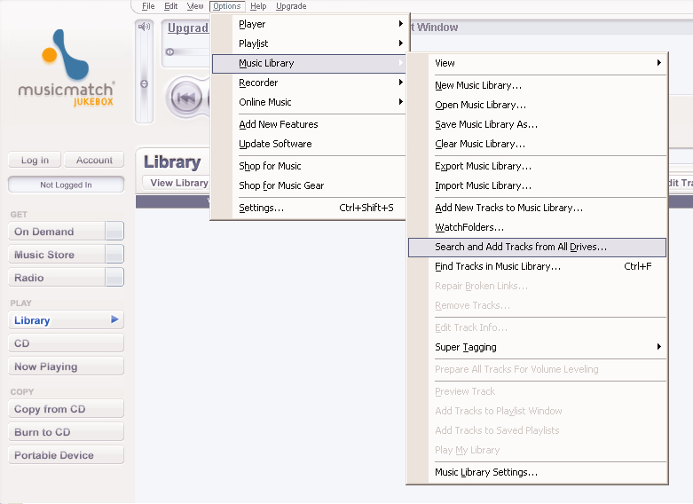 *Faktisk visning varierar beroende på användning Söker och lägger till spår från alla enheter (till Library (biblioteket)) Musicmatch Jukebox hittar musikfiler på datorns hårddisk, eller på alla