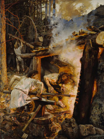 KALEVALA SAMPO SMIDES Akseli Gallen-Kallela: Sampo smides, 1893 Bild: Finlands Nationalgalleri / Hannu Aaltonen Verket Sampo smides är ett av Gallen-Kallelas stora Kalevalamotiv.