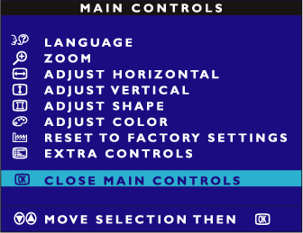 The OSD Controls CLOSE MAIN CONTROLS (stäng huvudkontrollen) TILLBAKA TILL BÖRJAN PÅ SIDAN