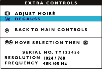 The OSD Controls 5) För att avmagnetisera skärmen, tryck på knappen. Skärmen kommer då att avmagnetiseras, och sedan kommer MAIN CONTROLS-fönstret att visas igen.