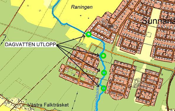 Lantmannagatan tillkommer dagvatten och dräneringsvatten från två bostadsområden öster om Falkträsket-västra och dikesvatten och dräneringsvatten från gatan.