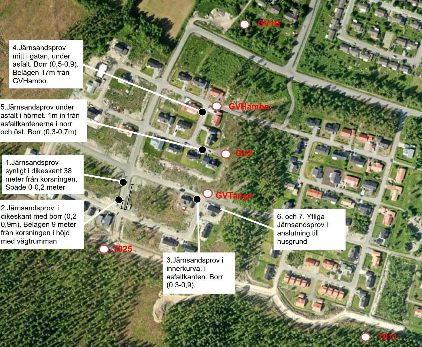 Figur 7.4. Provtagningsplatser av järnsand som använts på området, samt placeringen av de sex grundvattenrören (T025, T011, GV Tango, GV 2, GV Hambo, GV1B) för analyser av grundvattnet. 7.5 Grundvattenrörs placering och grundvattnets gradient Sex grundvattenrör har använts i projektet och i figur 7.