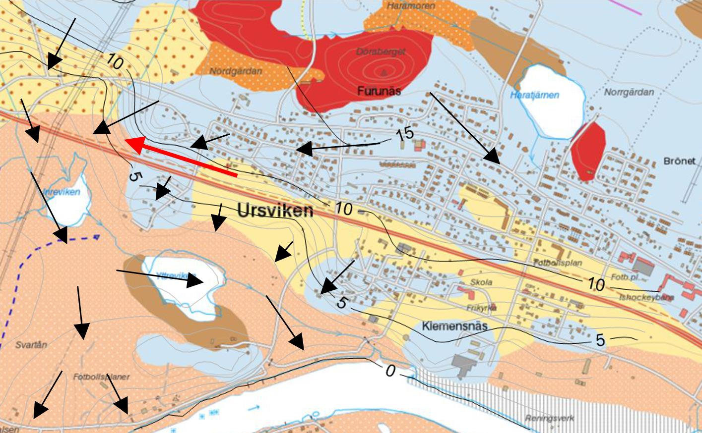 8.3 Grundvattenrörs placering och grundvattnets gradient En förenklad tolkning av grundvattnets läge presenteras i Figur 8.2 och bilaga 4.