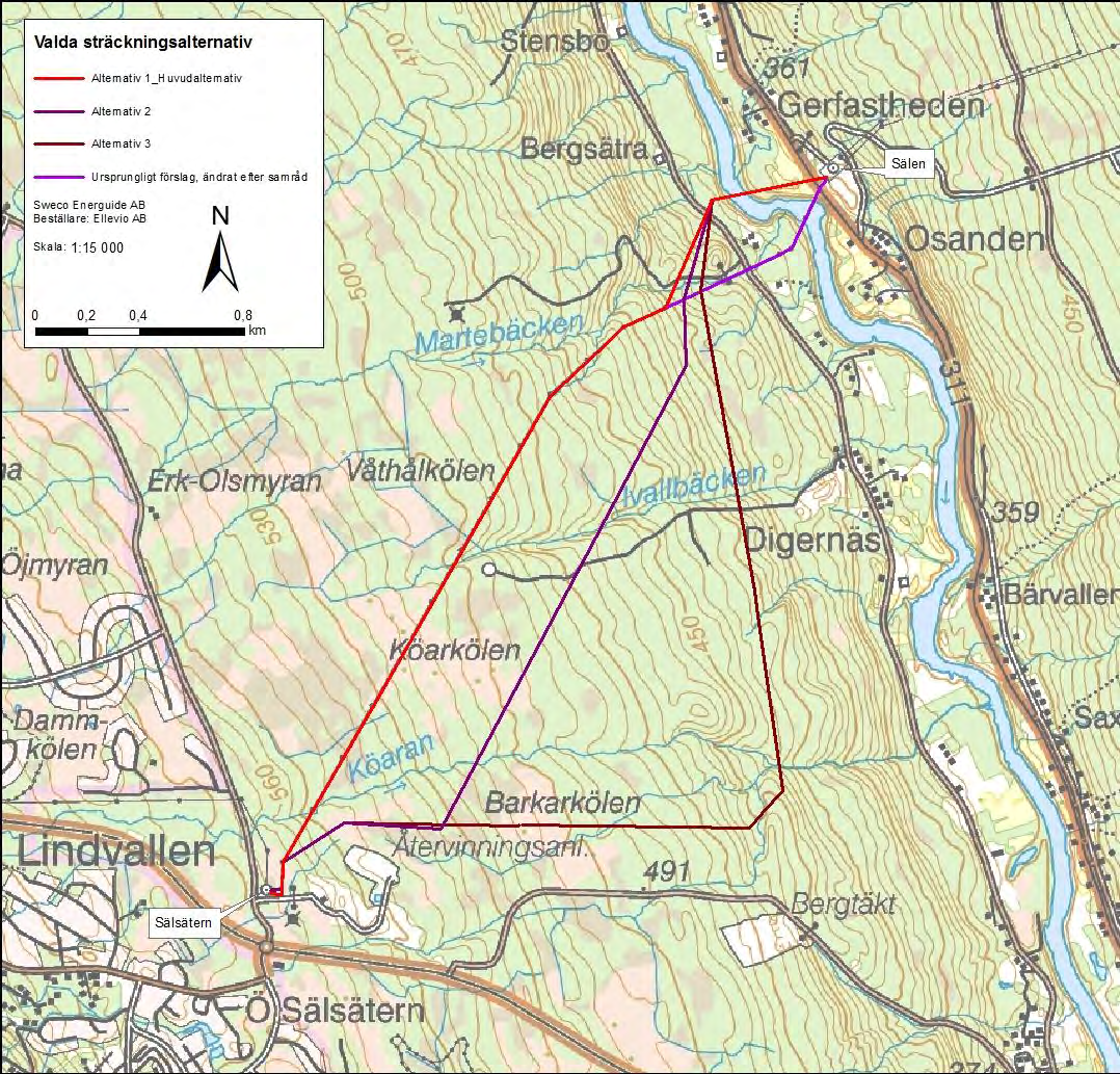 Figur 2. Studerade alternativa sträckningar. Samtliga alternativ sträcker sig i huvudsak genom sluten skogsmark genomkorsat av ett stort våtmarksområde som i huvudsak berör alternativ 1.