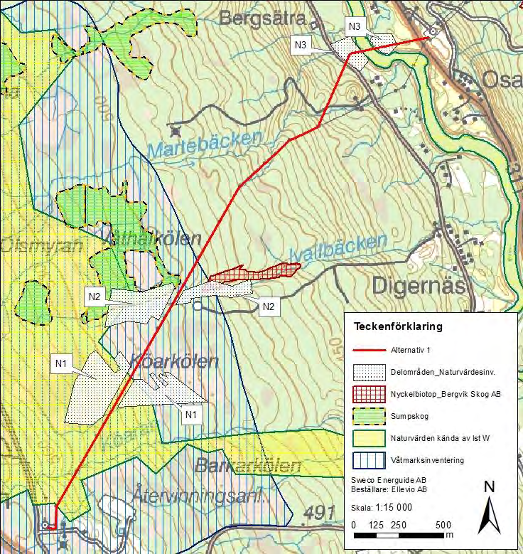 Naturvärdesinventering Skogsstyrelsen har på uppdrag av Ellevio utfört en naturvärdesinventering längs utbyggnadsalternativet genom fältinventering och kartstudier, bilaga 5a.