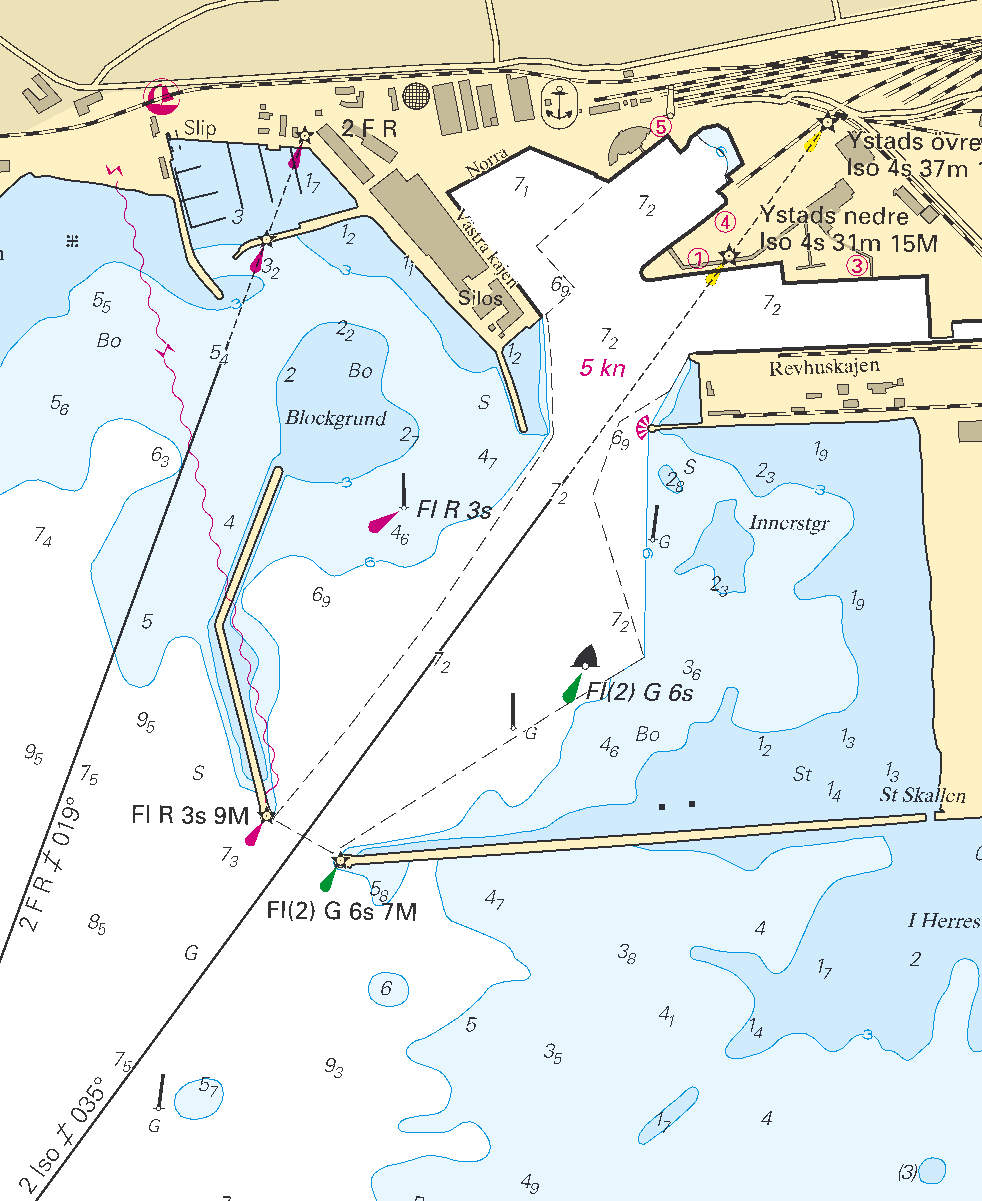 Nr 326 10 Sweden. Southern Baltic. Port of Ystad. Changes to buoyage after dredging. Entrance and the harbour area have been dredged and the buoyage have been moved as follows: Move SB spar approx.