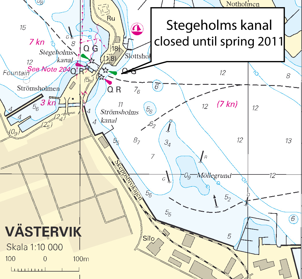 9 Nr 326 Sweden. Central Baltic. Västervik. Stegeholms kanal closed for passage. Time: 10 October 2010 - spring 2011 Stegeholms canal in Västervik will be closed for all traffic during stated time.