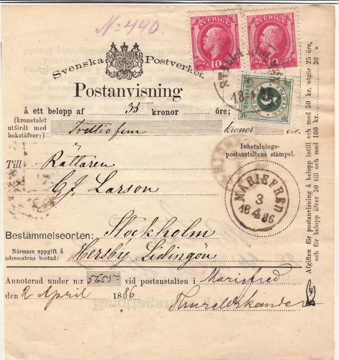 Postanvisning till Hersby Lidingö 2/4 1886 från Stallarholmen.