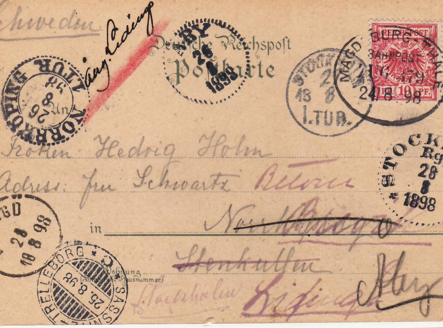 Brevkort från Tyskland ankom till Lidingö 28/9 1898 Kortet är
