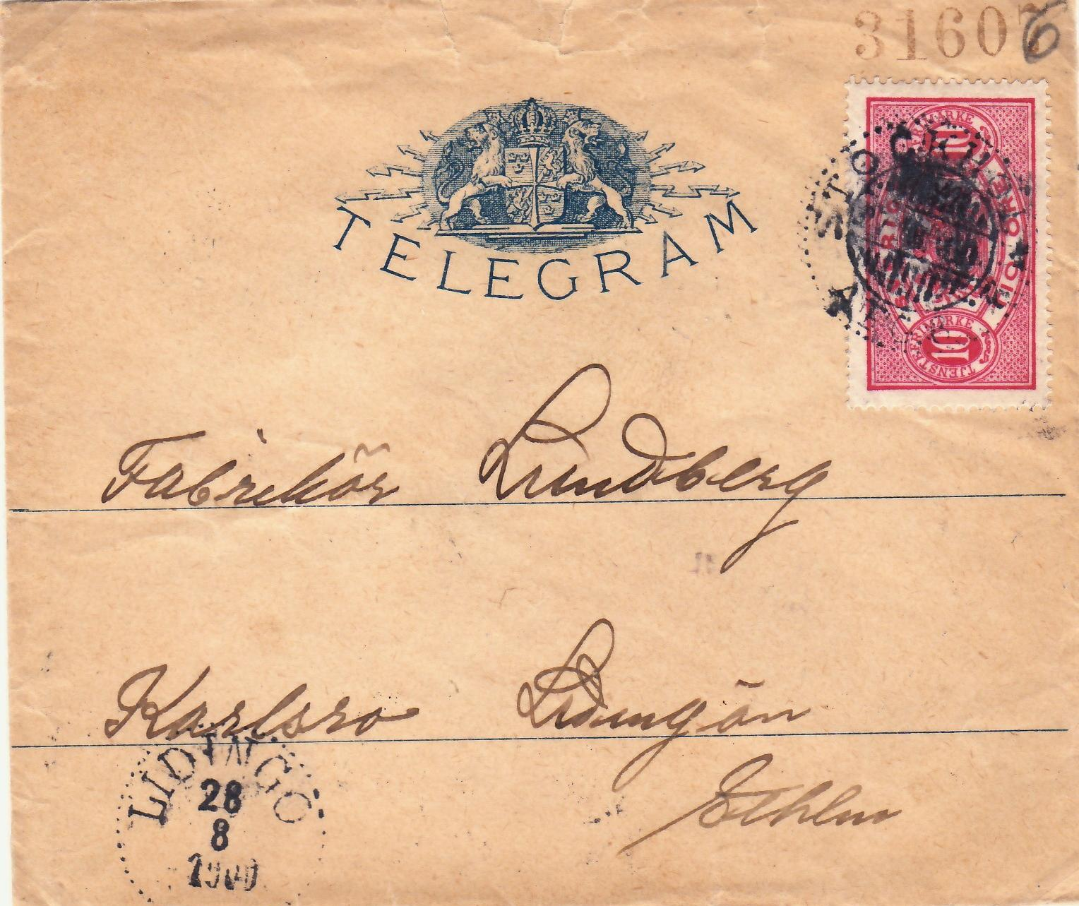 Telegramkuvert Lidingö 28/8 1900 Det enda kända Lidingö telegrammet.
