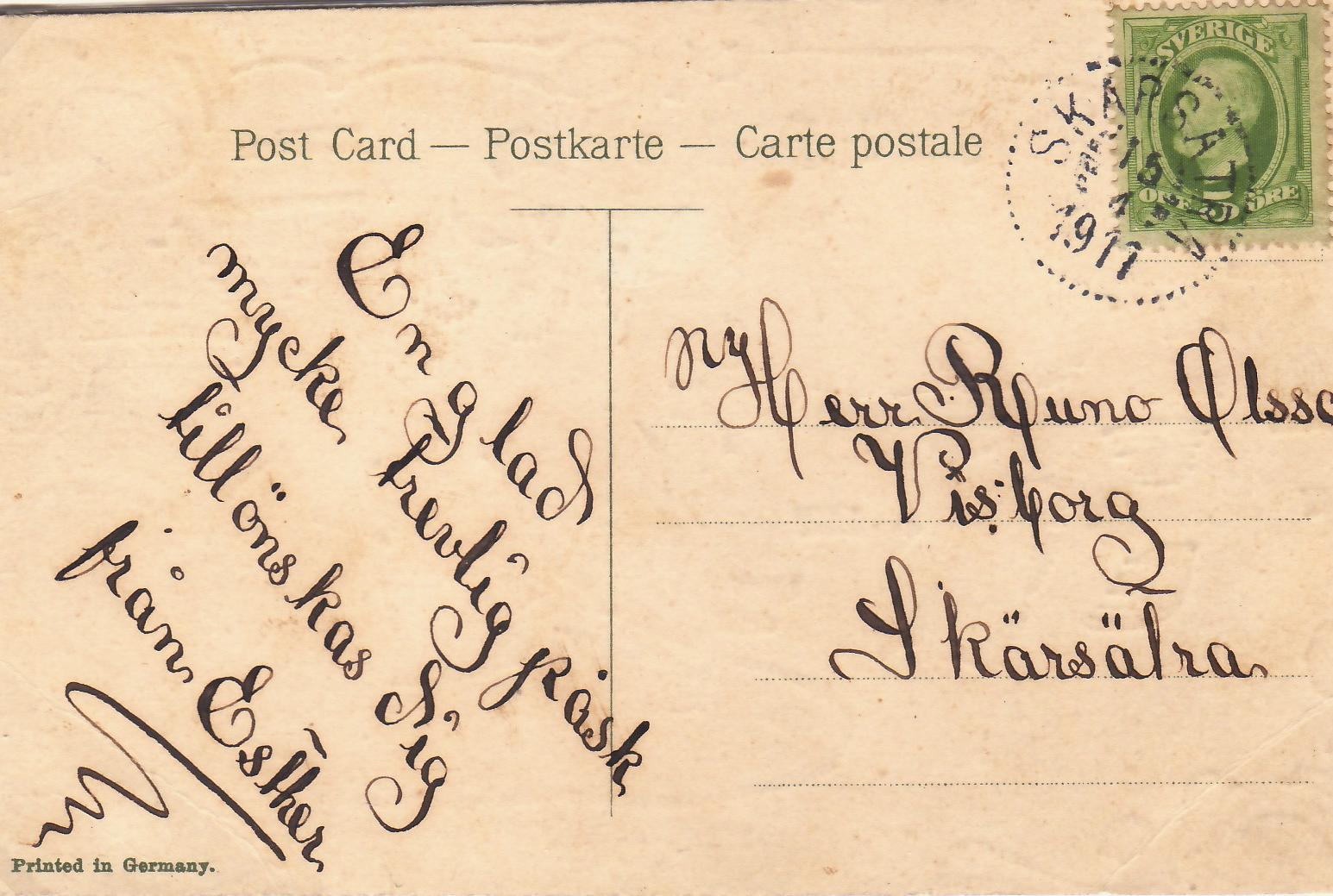 Brevkort sänt lokalt inom Skärsätra 15/4 1911 Poststationen