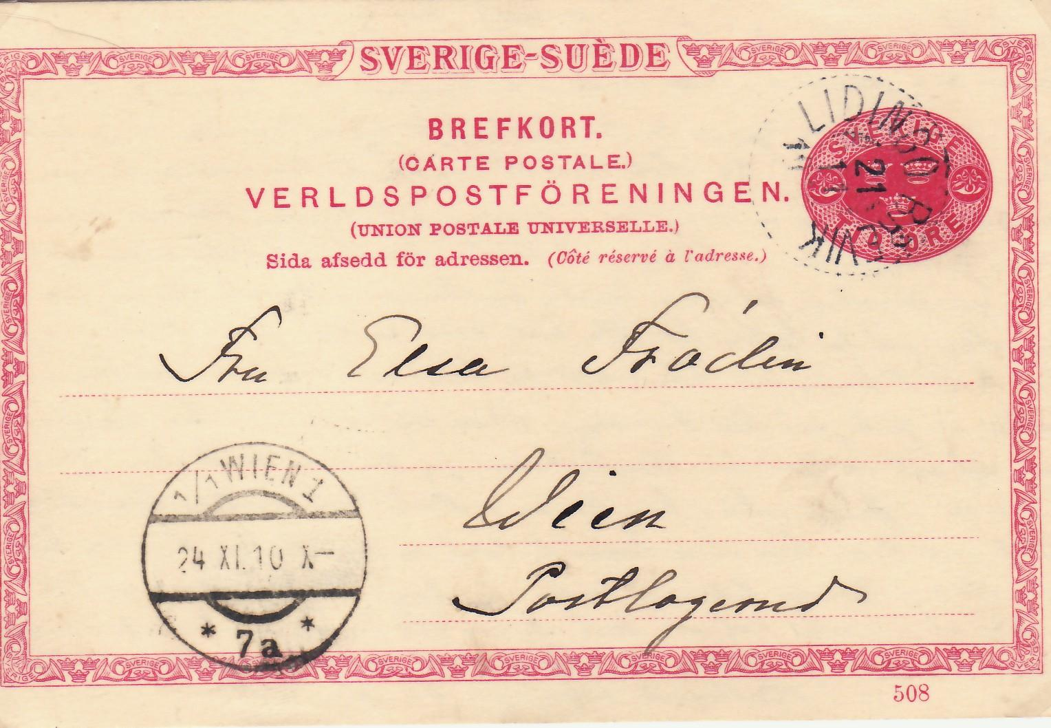 Brevkort sänt till Wien, Lidingö Brevik 21/11 1910 Poststationen