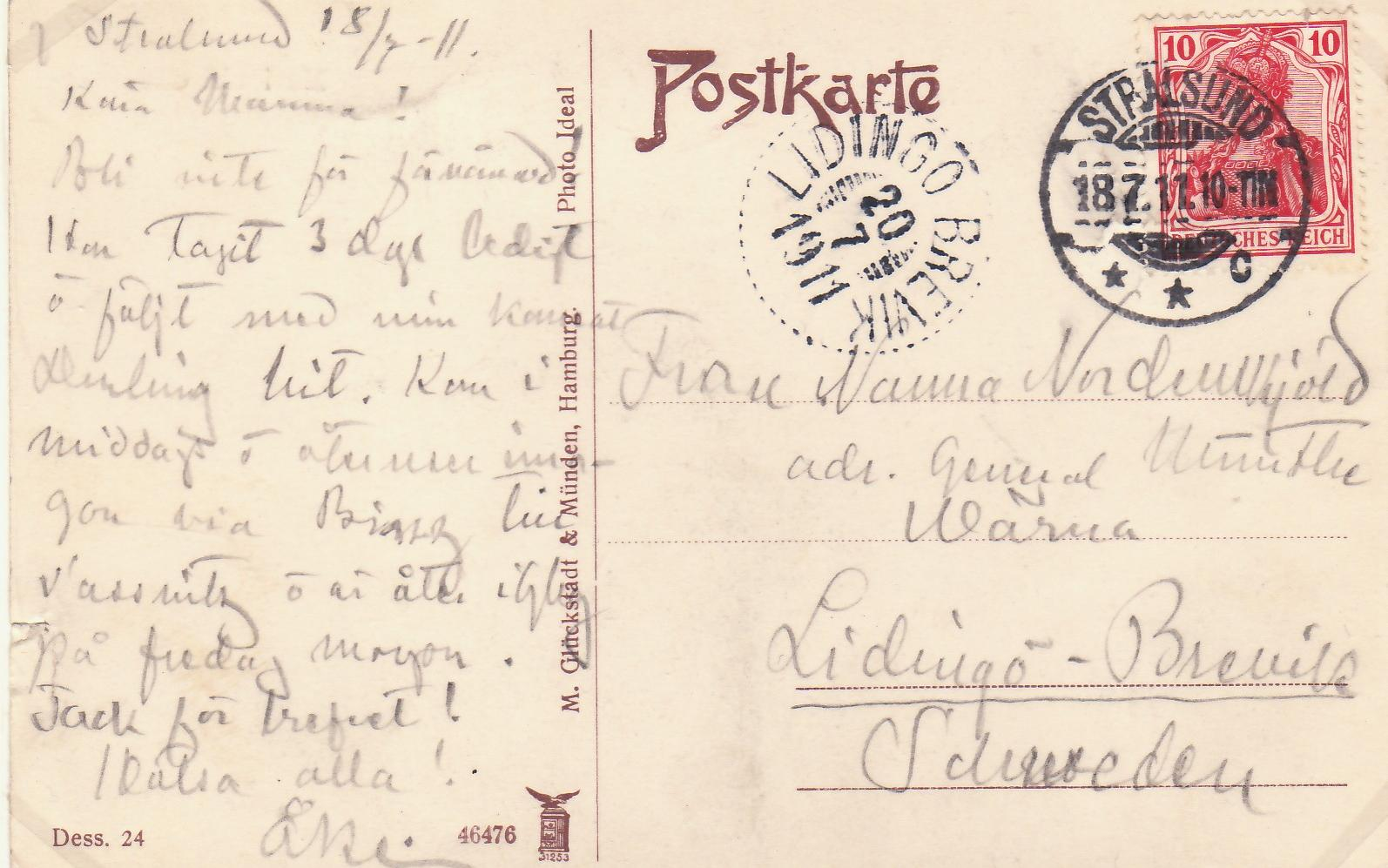 Brevkort sänt Stralsund till Lidingö Brevik 20/7 1911