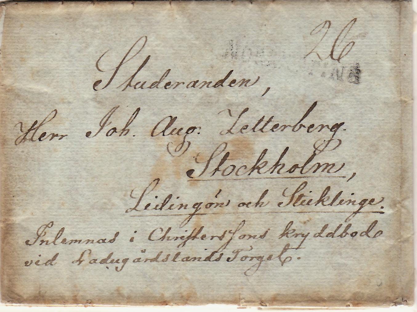 Brev till Lidingö 1828 från Norrköping Brevet fick hämtas vid Ladugårdsland Torget (nu Östermalmstorg).