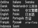 Grundläggande kamerainställningar: Inställningsmenyn j Språk/Language Du kan välja mellan tjugo olika språk för kameramenyer och meddelanden.
