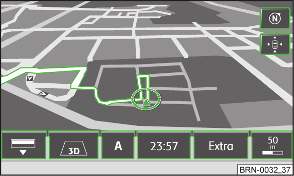 Funktionsknapp "Navigation" Bild 12 3D-kartbild under ruttvägledning Beroende på typen av vägvisning, visas på position A olika funktionsknappar.